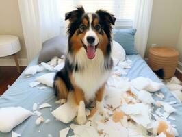 hond met een ondeugend uitdrukking omringd door verscheurd kussens ai generatief foto