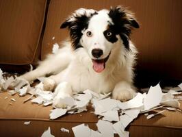 hond met een ondeugend uitdrukking omringd door verscheurd kussens ai generatief foto