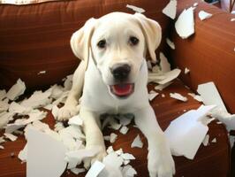 hond met een ondeugend uitdrukking omringd door verscheurd kussens ai generatief foto