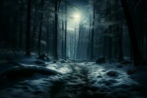 mysterieus schoonheid gedijt in de rustig winter Woud onder de nacht ai gegenereerd foto