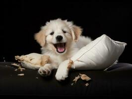 hond met een ondeugend uitdrukking omringd door verscheurd kussens ai generatief foto