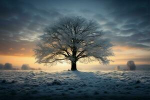 winters betoverend schoonheid een eenzaam boom in de avond sneeuwval ai gegenereerd foto