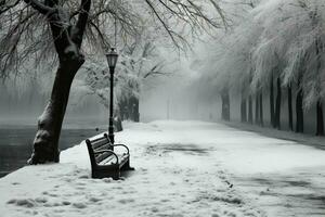 winters melancholie, bomen staan in plechtig zwart en wit stilte ai gegenereerd foto