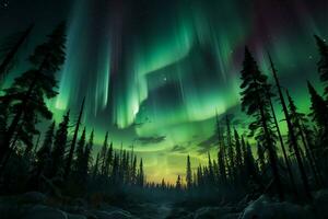 lichtgevend groen Aurora weeft door de noordelijk licht Woud en lucht ai gegenereerd foto
