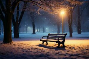 een stad park, winters vooravond, houten bank, verlichte door lichten ai gegenereerd foto