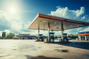 toneel- visie van een benzine gas- station tegen een blauw lucht met wolken ai gegenereerd foto