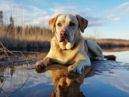 hond en haar reflectie in een kalmte vijver ai generatief foto