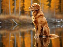 hond en haar reflectie in een kalmte vijver ai generatief foto