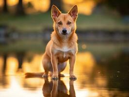 hond en haar reflectie in een kalmte vijver ai generatief foto