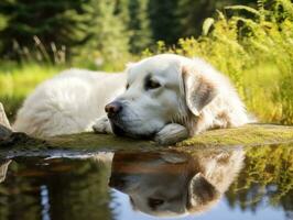 hond en haar reflectie in een kalmte vijver ai generatief foto