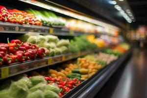 kruidenier winkels vers fruit en groenten Aan schappen in achtergrond ai gegenereerd foto