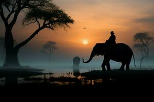 silhouet van een mahout rijden een olifant onder een boom, pre dageraad ai gegenereerd foto