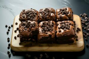 toegeeflijk donker chocola brownies versierd met een rijk chocola spaander topping ai gegenereerd foto