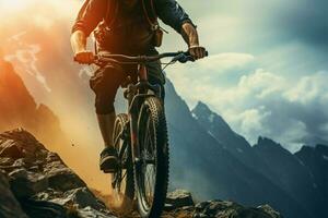 verkennen robuust terreinen Aan een berg fiets, belichamen avontuurlijk geest ai gegenereerd foto