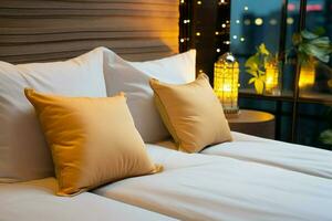 comfortabel kussens sieren de hotel slaapkamer, uitnodigend ontspanning en rust uit ai gegenereerd foto