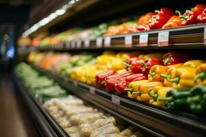 vers produceren schappen in een kruidenier op te slaan, achtergrond met opzet wazig ai gegenereerd foto