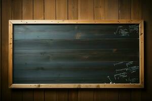 schoolbord aangebracht naar een rustiek houten muur, een klassiek leerzaam element ai gegenereerd foto