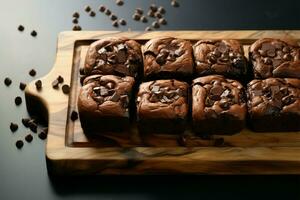 donker chocola brownies verrijkt door een genereus chocola spaander garneer ai gegenereerd foto