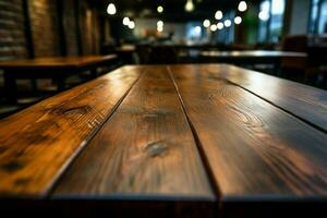 dichtbij omhoog Aan cafe tafels hout textuur, bokeh backdrop voegt toe charme ai gegenereerd foto
