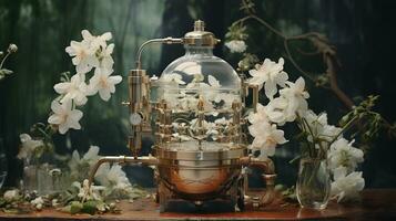 generatief ai, essentieel olie extractie met distilleerderij machine met jasmijn wit bloemen foto