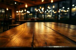 bokeh lit cafe sfeer, gedetailleerd visie van een houten tafel oppervlakte ai gegenereerd foto