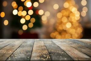 bokeh lichten van een Kerstmis boom backdrop een leeg tafelblad ai gegenereerd foto