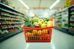 wazig kruidenier op te slaan achtergrond, met een boordevol boodschappen doen mand ai gegenereerd foto