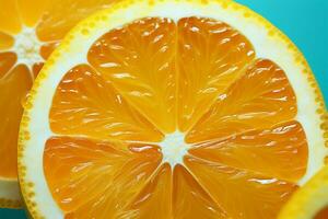 helder turkoois achtergrond verbetert de citrus structuur van een single oranje plak ai gegenereerd foto