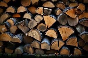 achtergrond met getextureerde brandhout stapel, klaar voor knus haard warmte ai gegenereerd foto