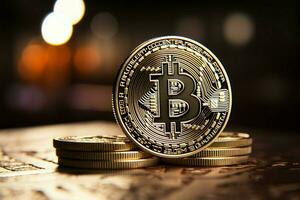 een drie-eenheid van cryptogeld elementen bitcoin, blockchain, en de munt ai gegenereerd foto
