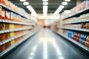 abstract en wazig achtergrond binnen een supermarkt op te slaan gangpad interieur ai gegenereerd foto