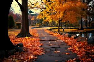 een toneel- herfst pad, versierd met vallend esdoorn- bladeren in schittering ai gegenereerd foto