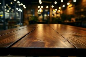 houten cafe tafel in focus, zacht bokeh achtergrond verbetert atmosfeer ai gegenereerd foto