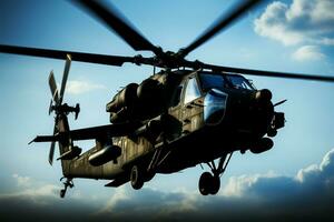 ongemarkeerd leger helikopter Aan een lucht baseren, symboliseert luchtvaart en vervoer ai gegenereerd foto