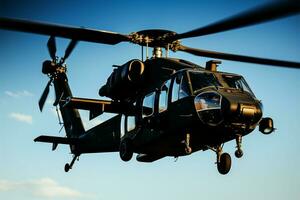 ongemarkeerd leger helikopter Aan een lucht baseren, symboliseert luchtvaart en vervoer ai gegenereerd foto