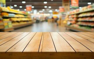 supermarkt tafereel achter een leeg houten tafel, ideaal voor Product wordt weergegeven ai gegenereerd foto