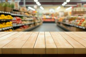 supermarkt tafereel achter een leeg houten tafel, ideaal voor Product wordt weergegeven ai gegenereerd foto