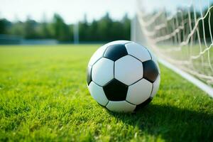 voetbal bal resting Aan de levendig groen spelen veld- ai gegenereerd foto
