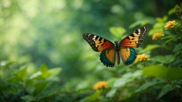 natuur achtergrond met een mooi vliegend vlinder met groen Woud ai generatief foto