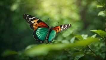 natuur achtergrond met een mooi vliegend vlinder met groen Woud ai generatief foto