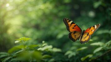 natuur achtergrond met een mooi vliegend vlinder met groen Woud ai generatief foto