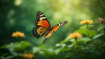 natuur achtergrond met een mooi vliegend vlinder met groen Woud ai generatief foto