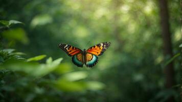 natuur achtergrond met een mooi vliegend vlinder met groen Woud ai generatief foto