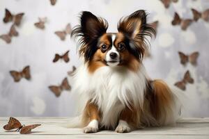 foto van een sierlijk papillon hond met haar kenmerkend vlinderachtig oren Aan een schoon wit vel. generatief ai