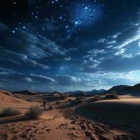 foto van woestijn duinen onder een sterrenhemel lucht. generatief ai