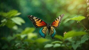 natuur achtergrond met een mooi vliegend vlinder met groen Woud ai generatief foto