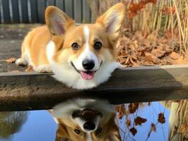 hond en haar reflectie in een kalmte vijver ai generatief foto