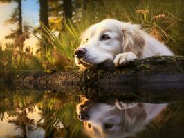 hond en haar reflectie in een kalmte vijver ai generatief foto