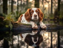 hond en haar reflectie in een kalmte vijver ai generatief foto