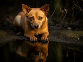 hond en haar reflectie in een kalmte vijver ai generatief foto